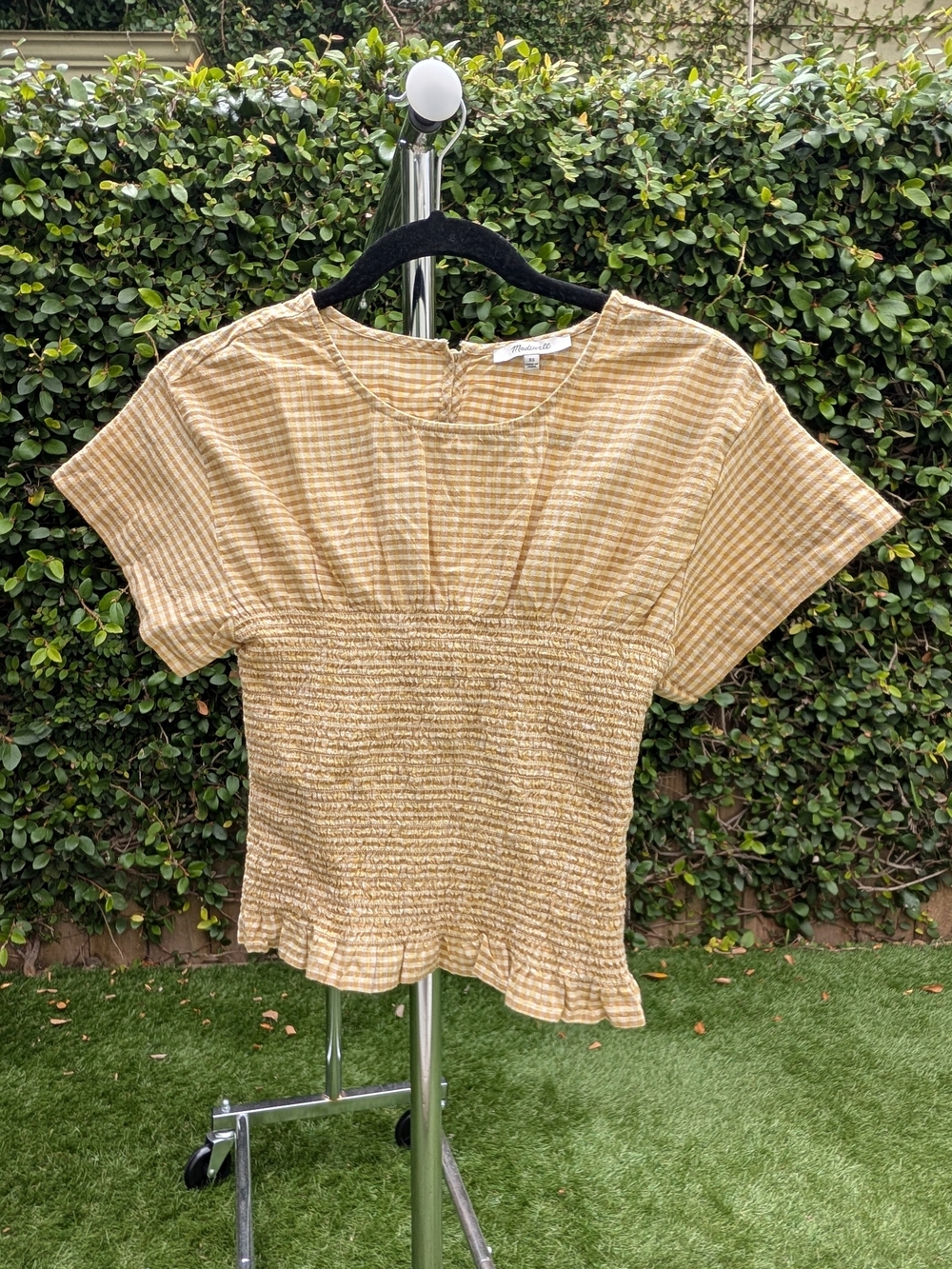 Madewell Mustard Gingham Smocked Crop Top